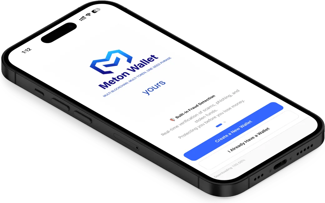 Meton Wallet onboarding screen highlighting built-in fraud detection