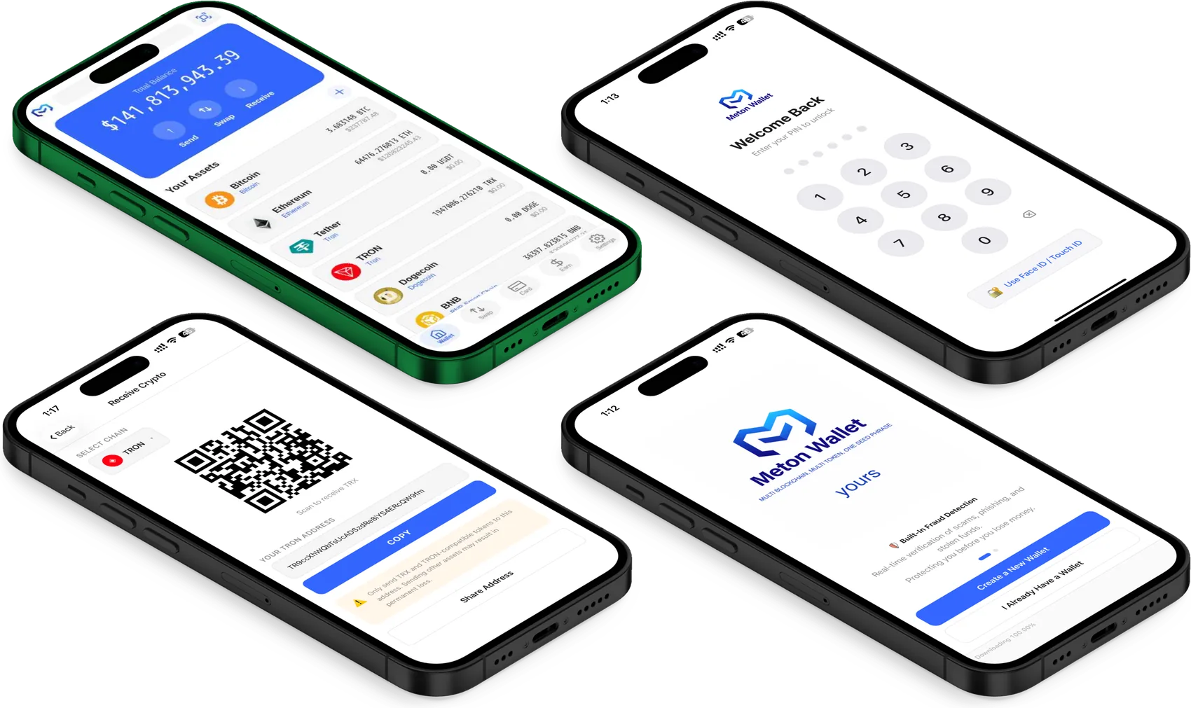 Meton Wallet screens — portfolio, PIN unlock, receive with QR, and onboarding