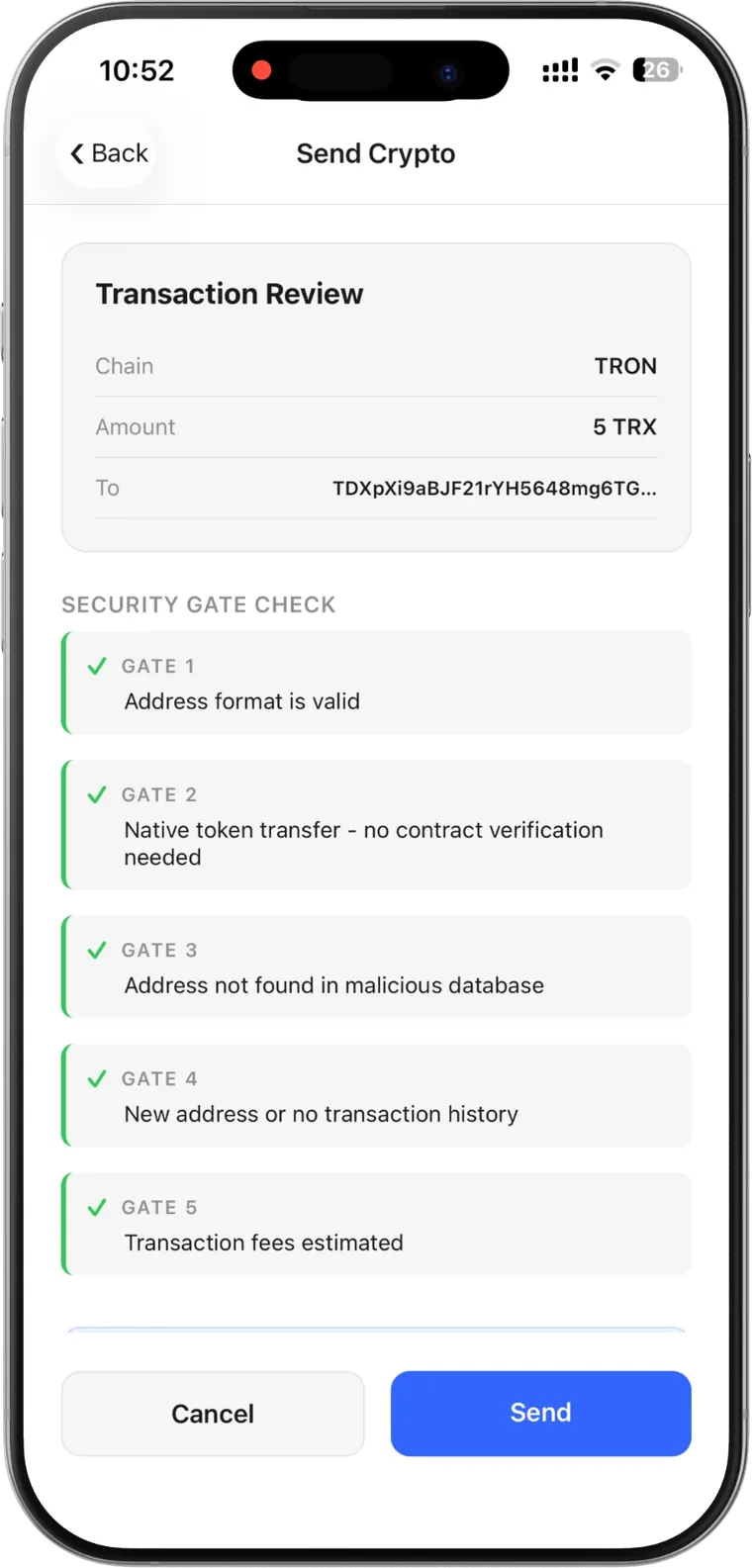 Security Gate verifying a TRON transaction inside the Meton Wallet app